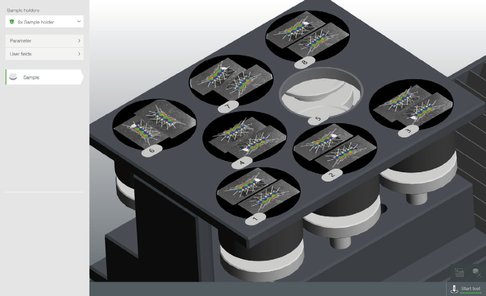 在硬度测试软件中预览硬度测试程序：每个彩色的叠加图形代表一个CHD或SHD测试点系列。 在该示例中，机器大约需要3个小时才能工作。 400个测试点。
