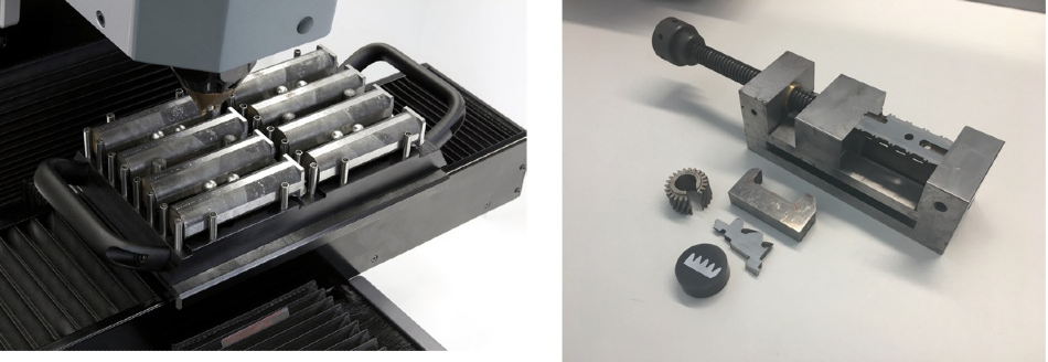 杂志，作为用于相同零件测试的夹紧解决方案（左），包括嵌入式和非嵌入式的不同热处理零件的变化形式（右）。